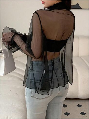 GORGLITTER Women's Sheer Mesh Bow Tie Front Work Blouse See Through Flare Long Sleeve Business Shirt Top in Saudi Arabia
