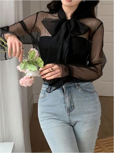 GORGLITTER Women's Sheer Mesh Bow Tie Front Work Blouse See Through Flare Long Sleeve Business Shirt Top in Saudi Arabia
