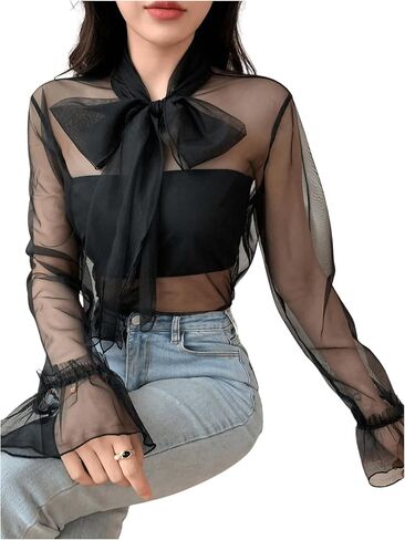 GORGLITTER Women's Sheer Mesh Bow Tie Front Work Blouse See Through Flare Long Sleeve Business Shirt Top in Saudi Arabia