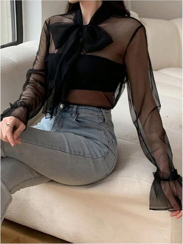 GORGLITTER Women's Sheer Mesh Bow Tie Front Work Blouse See Through Flare Long Sleeve Business Shirt Top in Saudi Arabia