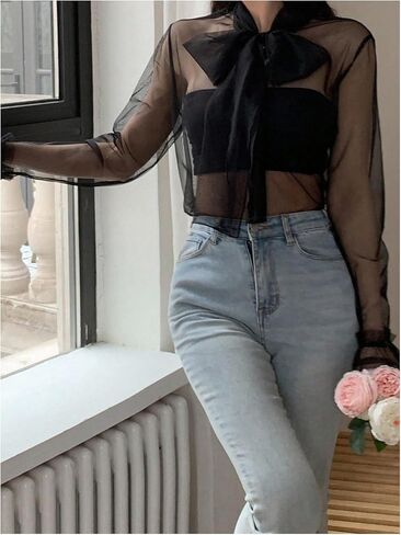 GORGLITTER Women's Sheer Mesh Bow Tie Front Work Blouse See Through Flare Long Sleeve Business Shirt Top in Saudi Arabia