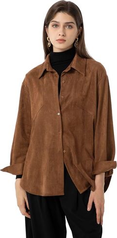 Ababalaya Women Super Soft Button Down Suede Shirt Long Sleeve Blouse Top in Kuwait