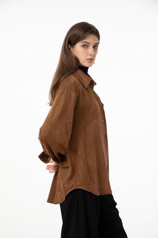 Ababalaya Women Super Soft Button Down Suede Shirt Long Sleeve Blouse Top in Kuwait