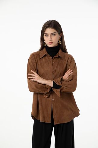 Ababalaya Women Super Soft Button Down Suede Shirt Long Sleeve Blouse Top in Kuwait