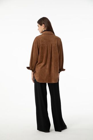 Ababalaya Women Super Soft Button Down Suede Shirt Long Sleeve Blouse Top in Kuwait