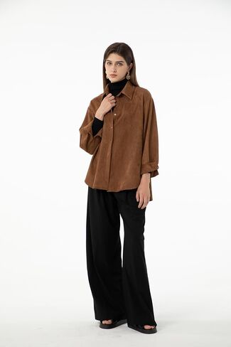 Ababalaya Women Super Soft Button Down Suede Shirt Long Sleeve Blouse Top in Kuwait