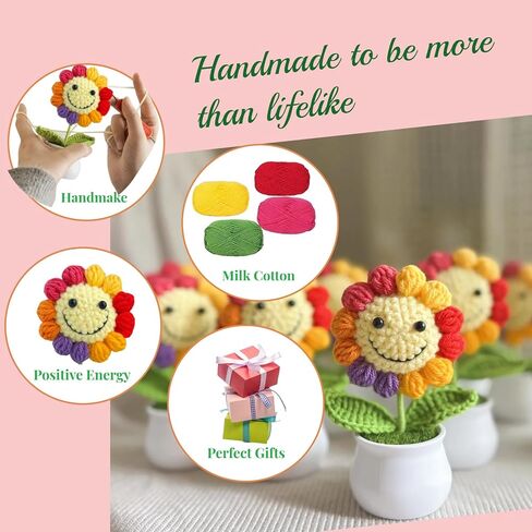 كروشيه عباد الشمس زهرة الكروشيه كروشيه على شكر هدايا قوس قزح قوس قزح -ديكور مكتب المكتب للنساء أو المعلمين -هدية عباد الشمس لعيد الميلاد ديكور لوحة القيادة in Kuwait