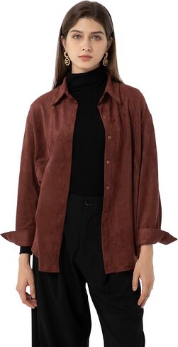 Ababalaya Women Super Soft Button Down Suede Shirt Long Sleeve Blouse Top in Kuwait