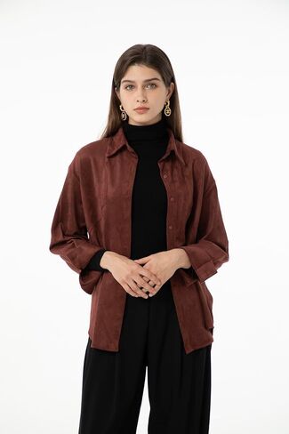 Ababalaya Women Super Soft Button Down Suede Shirt Long Sleeve Blouse Top in Kuwait