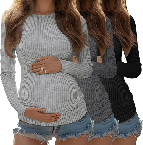 RIYIPER 3 PACK قمصان الأمومة النسائية الأكمام الطويلة مضلع قمم الحمل المتماسكة من القطن TUNIC TUNIC TEES DASAD DISAL in Saudi Arabia