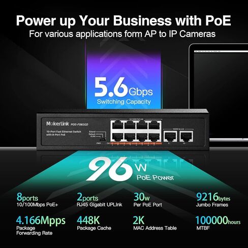 MokerLink 10 Port PoE Switch With 8 Port PoE+, 2 Fast Ethernet Uplink, 100Mbps, 96W 802.3af/at, Fanless Plug & Play Ethernet Switch in Kuwait