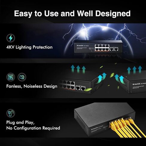 MokerLink 10 Port PoE Switch With 8 Port PoE+, 2 Fast Ethernet Uplink, 100Mbps, 96W 802.3af/at, Fanless Plug & Play Ethernet Switch in Kuwait