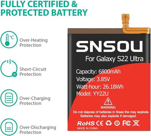 بطارية Galaxy S22 ، (2024 ترقية) 6800mAh EB-BS901ABY LI-POLYMER BUTTIONAL بديل متوافق مع GALAXY S22 5G SM-S901U SM-S908B ، SM-S908B/DS ، SM-S908U ، SM-S908U1 مع مجموعة أداة البرغي in Kuwait