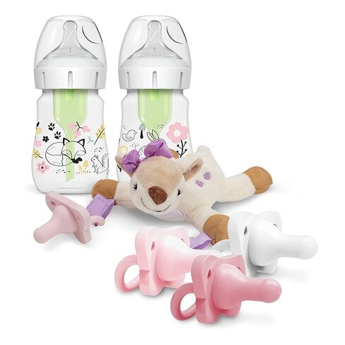 Dr. Brown’s Wide-Neck Baby Bottle Dinosaur Designer Bottles, 9 oz/270 mL, 2-Pack with HappyPaci Pacifiers and Lovey Holder, Triceratops in Saudi Arabia
