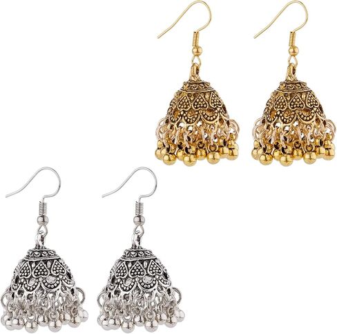 2 Pairs Indian Earrings, Vintage Jhumkas, Gold & Silver Aluminium Alloy, Dangle, Post, Ear Cuff, 1.57in in Saudi Arabia