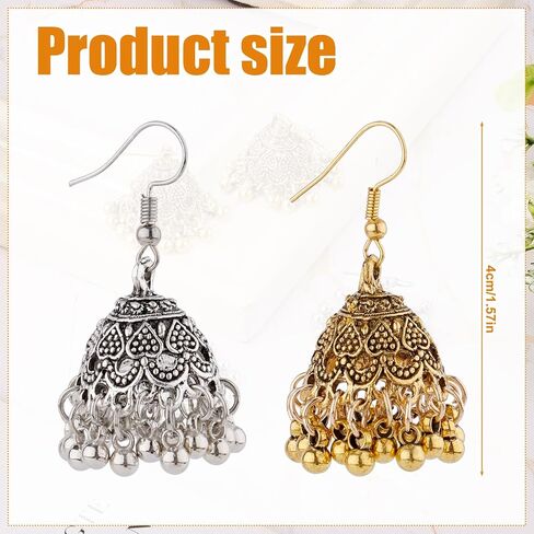 2 Pairs Indian Earrings, Vintage Jhumkas, Gold & Silver Aluminium Alloy, Dangle, Post, Ear Cuff, 1.57in in Saudi Arabia