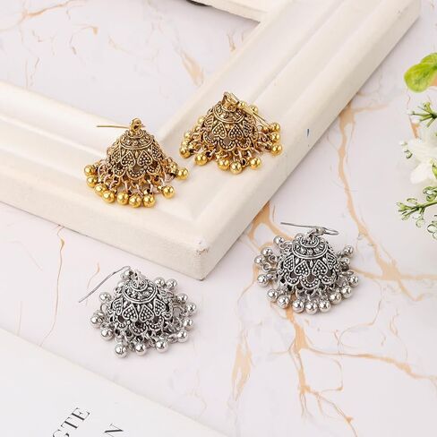2 Pairs Indian Earrings, Vintage Jhumkas, Gold & Silver Aluminium Alloy, Dangle, Post, Ear Cuff, 1.57in in Saudi Arabia