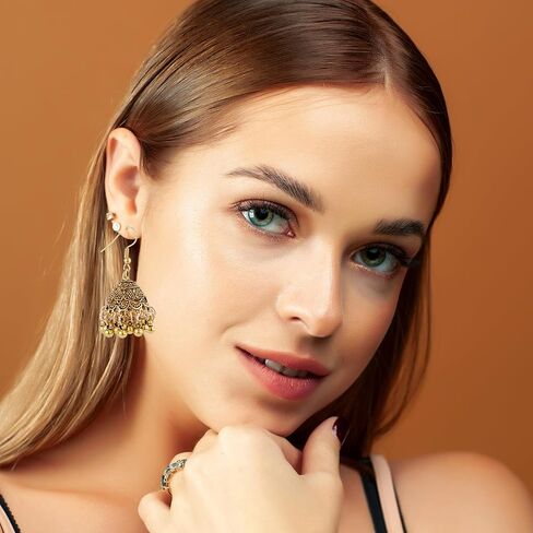 2 Pairs Indian Earrings, Vintage Jhumkas, Gold & Silver Aluminium Alloy, Dangle, Post, Ear Cuff, 1.57in in Saudi Arabia
