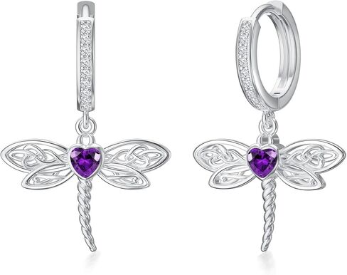 Dragonfly 925 sterling Silver Heart Celtic Huggie Hoop Dangle أقراط مجوهرات Crystal Birthstone للنساء هدية عيد ميلاد الأم لأخت أمي زوجة Dragonfly in Kuwait