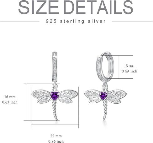 Dragonfly 925 sterling Silver Heart Celtic Huggie Hoop Dangle أقراط مجوهرات Crystal Birthstone للنساء هدية عيد ميلاد الأم لأخت أمي زوجة Dragonfly in Kuwait
