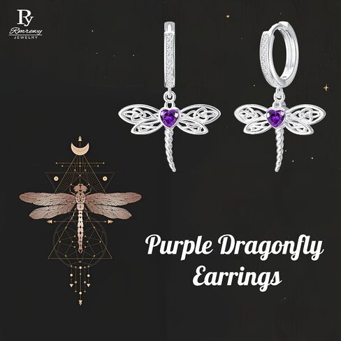 Dragonfly 925 sterling Silver Heart Celtic Huggie Hoop Dangle أقراط مجوهرات Crystal Birthstone للنساء هدية عيد ميلاد الأم لأخت أمي زوجة Dragonfly in Kuwait