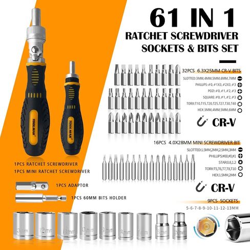 13-in-1 Ratcheting Screwdriver Set, Adjustable Multi-bit with Magnetic Tips (Flat, Phillips, Torx, Hex, Square, Nut Drivers), Cushion Grip Handle in Saudi Arabia