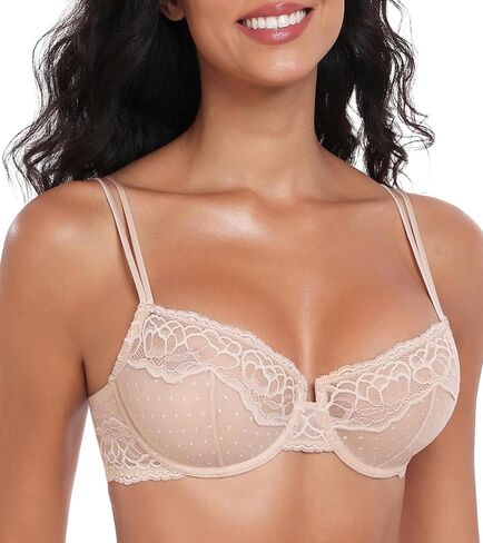 Lemorosy Women's Plus Size Sexy Unpadded Underwire Lace Balconette Unlined Demi Sheer Bra in Kuwait