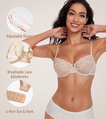 Lemorosy Women's Plus Size Sexy Unpadded Underwire Lace Balconette Unlined Demi Sheer Bra in Kuwait