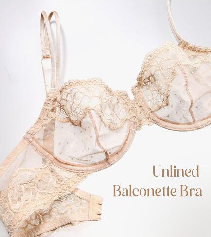 Lemorosy Women's Plus Size Sexy Unpadded Underwire Lace Balconette Unlined Demi Sheer Bra in Kuwait