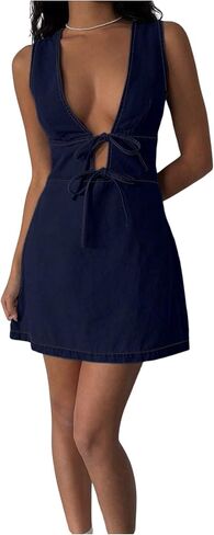 Soly Hux Women's Deni Mini Dress Deep v Dev Neck Bow Tiex Front Line A Summer Jean Dresses in Saudi Arabia