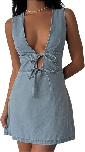 Soly Hux Women's Deni Mini Dress Deep v Dev Neck Bow Tiex Front Line A Summer Jean Dresses in Saudi Arabia