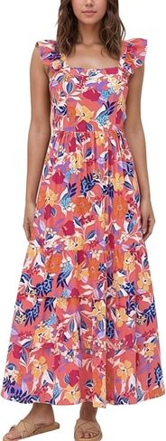 2025 Women's Summer Boho Floral Maxi Dress with Pockets - A-Line Smocked Tiered Ruffle Sleeveless Beach Sun Dress in Kuwait