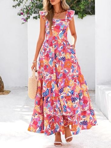 2025 Women's Summer Boho Floral Maxi Dress with Pockets - A-Line Smocked Tiered Ruffle Sleeveless Beach Sun Dress in Kuwait