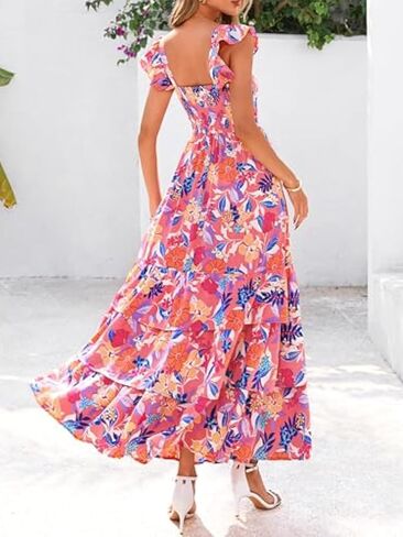 2025 Women's Summer Boho Floral Maxi Dress with Pockets - A-Line Smocked Tiered Ruffle Sleeveless Beach Sun Dress in Kuwait