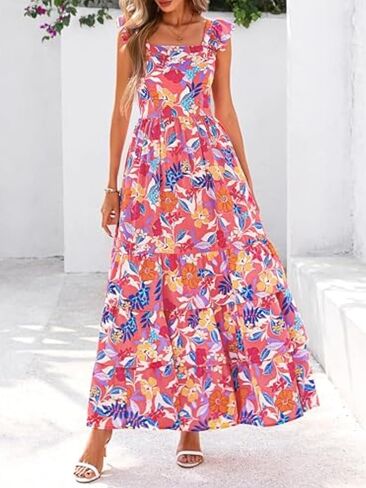 2025 Women's Summer Boho Floral Maxi Dress with Pockets - A-Line Smocked Tiered Ruffle Sleeveless Beach Sun Dress in Kuwait