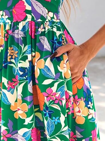 2025 Women's Summer Boho Floral Maxi Dress with Pockets - A-Line Smocked Tiered Ruffle Sleeveless Beach Sun Dress in Kuwait