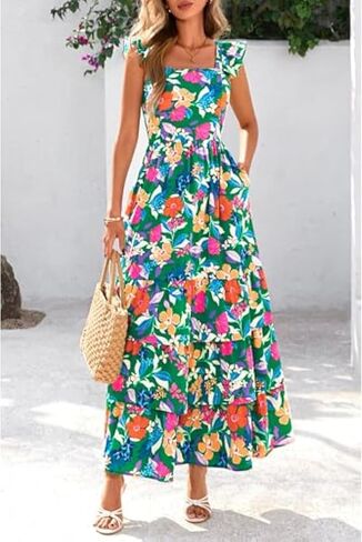 2025 Women's Summer Boho Floral Maxi Dress with Pockets - A-Line Smocked Tiered Ruffle Sleeveless Beach Sun Dress in Kuwait