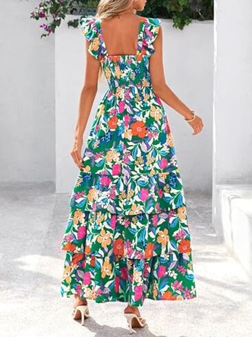2025 Women's Summer Boho Floral Maxi Dress with Pockets - A-Line Smocked Tiered Ruffle Sleeveless Beach Sun Dress in Kuwait