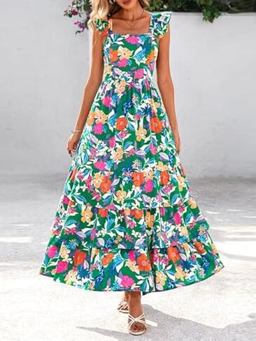 2025 Women's Summer Boho Floral Maxi Dress with Pockets - A-Line Smocked Tiered Ruffle Sleeveless Beach Sun Dress in Kuwait