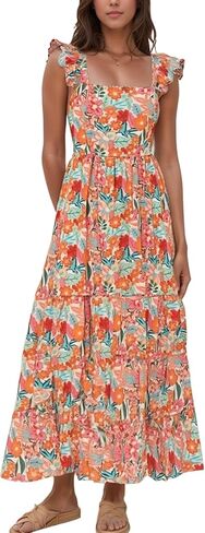2025 Women's Summer Boho Floral Maxi Dress with Pockets - A-Line Smocked Tiered Ruffle Sleeveless Beach Sun Dress in Kuwait