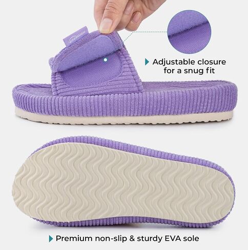 HomeTop Women's Corduroy Open Toe Slippers with Adjustable Closure Memory Foam Non Slip Indoor Outdoor Sole for House Light Gray,7-8 US in Saudi Arabia