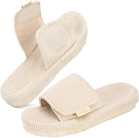 HomeTop Women's Corduroy Open Toe Slippers with Adjustable Closure Memory Foam Non Slip Indoor Outdoor Sole for House Light Gray,7-8 US in Saudi Arabia