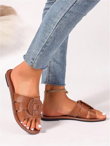 GORGLITTER Women's Embossed Metal Studded Dressy Flats Open Toe Cut Out Vacation Slide Sandals in Saudi Arabia