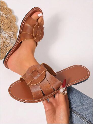 GORGLITTER Women's Embossed Metal Studded Dressy Flats Open Toe Cut Out Vacation Slide Sandals in Saudi Arabia