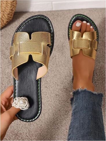 GORGLITTER Women's Embossed Metal Studded Dressy Flats Open Toe Cut Out Vacation Slide Sandals in Saudi Arabia
