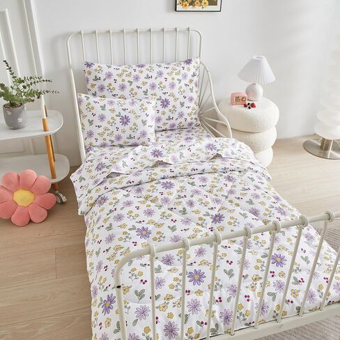 5 Pieces Toddler Comforter Set Purple Floral Toddler Bedding Set 5pcs Bed-in-a-Bag Purple Flower Toddler Sheet Set Crib Bed Set for Girls,1 Comforter,1 Flat Sheet, 1 Fitted Sheet and 2 Pillowcases in Saudi Arabia