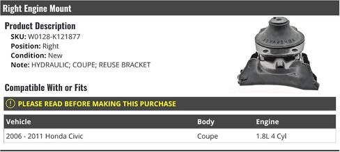 Right Passenger Side Engine Mount - Hydraulic - Compatible with 2006-2011 Honda Civic Coupe 1.8L 4-Cylinder in Saudi Arabia