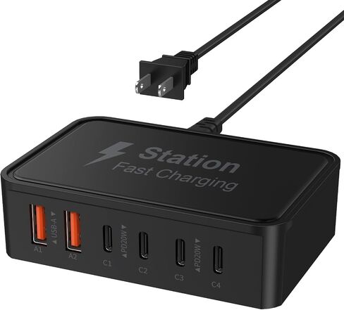 100W USB C Fast Charger - 5ft Cord GaN 6 Port Type USB C Charging Station Hub Block Cube,Super Fast Type C Charging Station Hub Compatible with Phone 16 15 14 12 Pro Max iPad Samsung Pixel(004) in Saudi Arabia