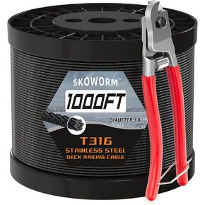 1200FT T316 Black Stainless Steel Cable Railing with Cutter, 1/8 Deck Railing Cable, Aircraft Wire Rope, Cable Railing Wire for Marine, 7x7 Stainless Wire Rope Uncoated Cable Insulated in Kuwait