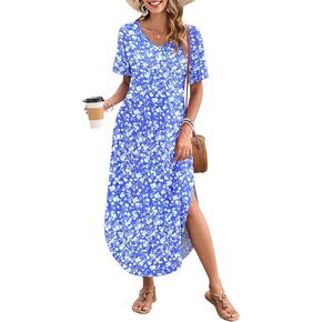 MOLERANI Women's Summer Maxi Dress 2025 Short Sleeve V Neck Casual Loose Sundress Long Beach Split Dresses with Pockets in Kuwait